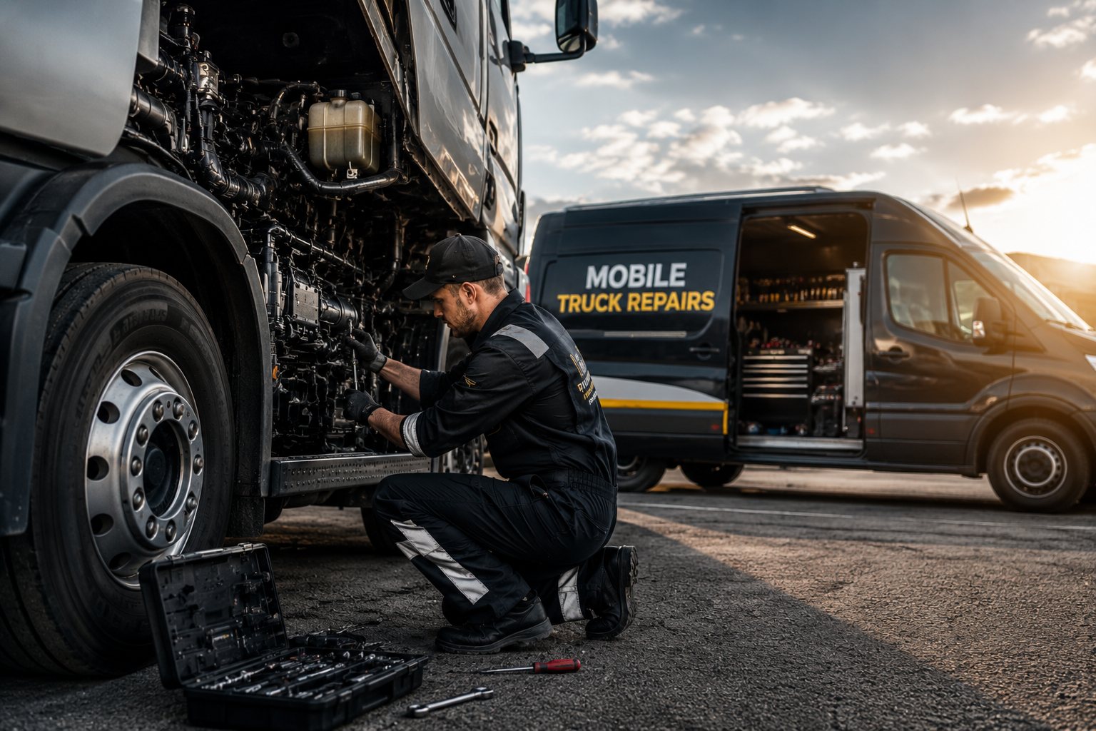 Mobile truck mechanic carrying out on-site truck repairs in Altona