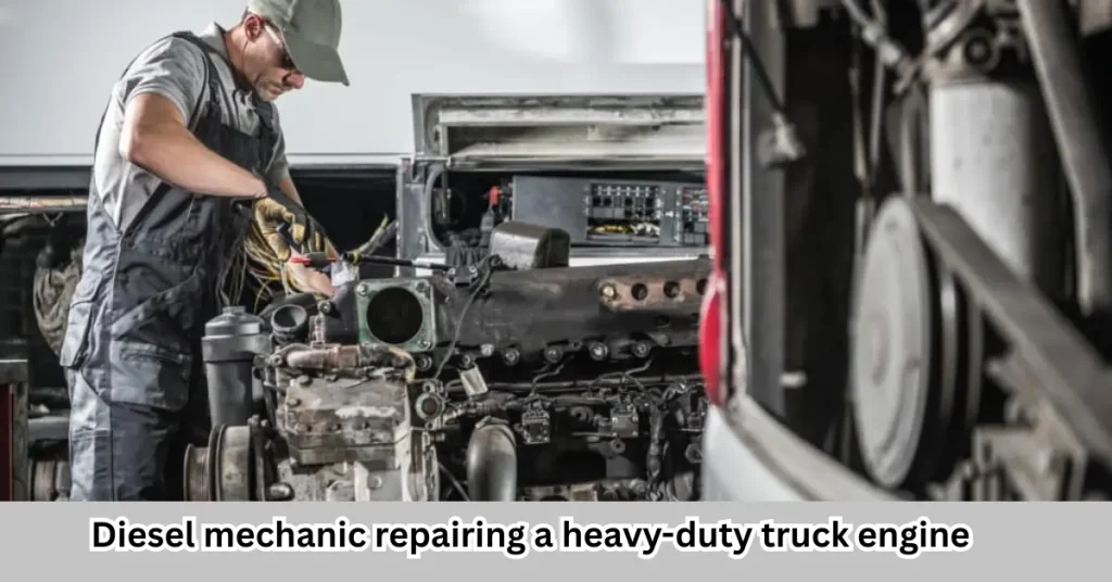Diesel mechanic repairing a heavy-duty truck engine