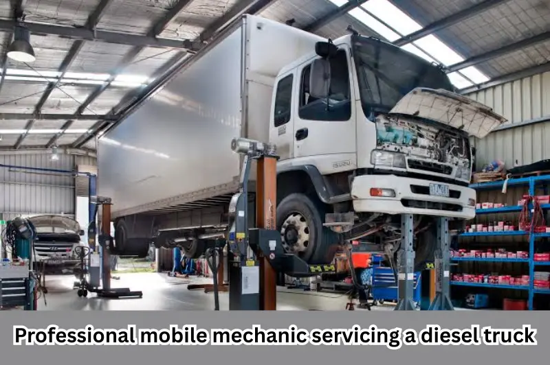 Professional mobile mechanic servicing a diesel truck