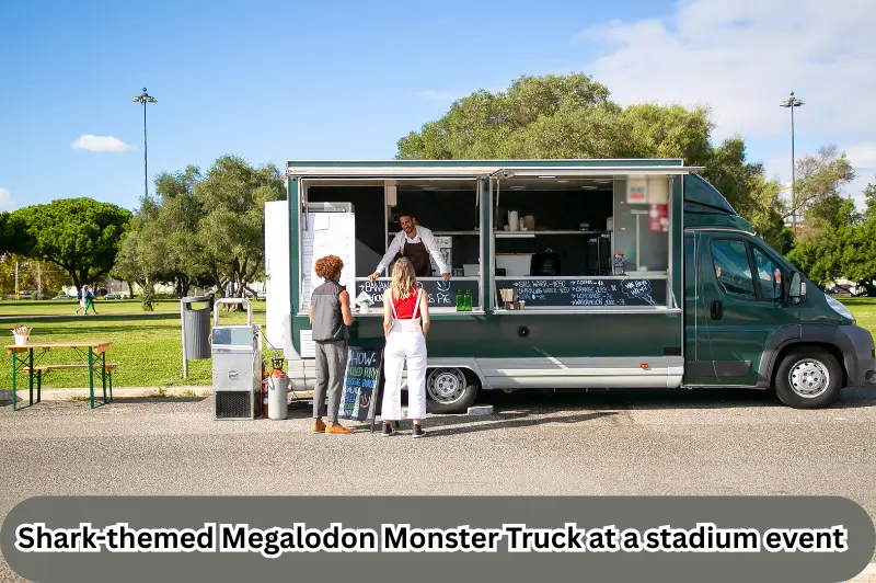 Shark-themed Megalodon Monster Truck at a stadium event