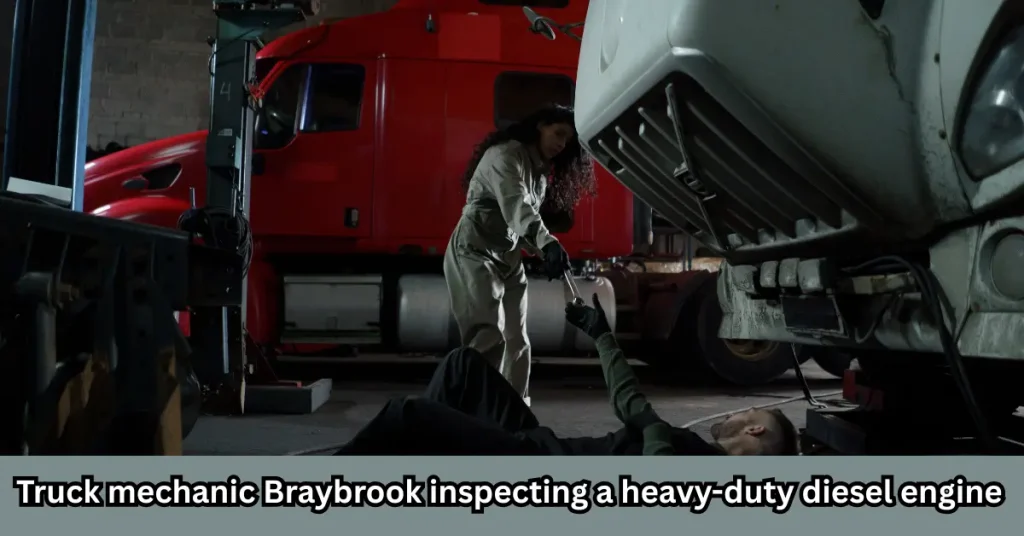 Truck mechanic Braybrook inspecting a heavy-duty diesel engine.