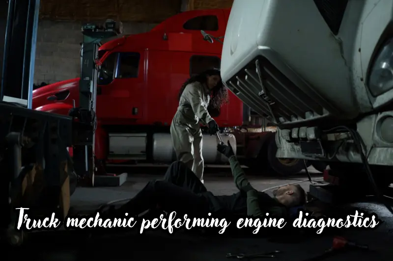 truck mechanic performing engine diagnostics